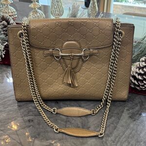 GUCCI Beige/ gold Embossed Leather Shoulder Bag AUTHENTIC